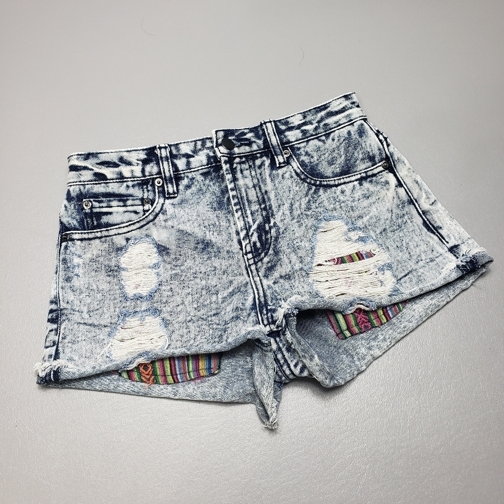 Forever 21 acid wash ripped distressed jean shorts colorful pockets size 24 - Picture 10 of 10